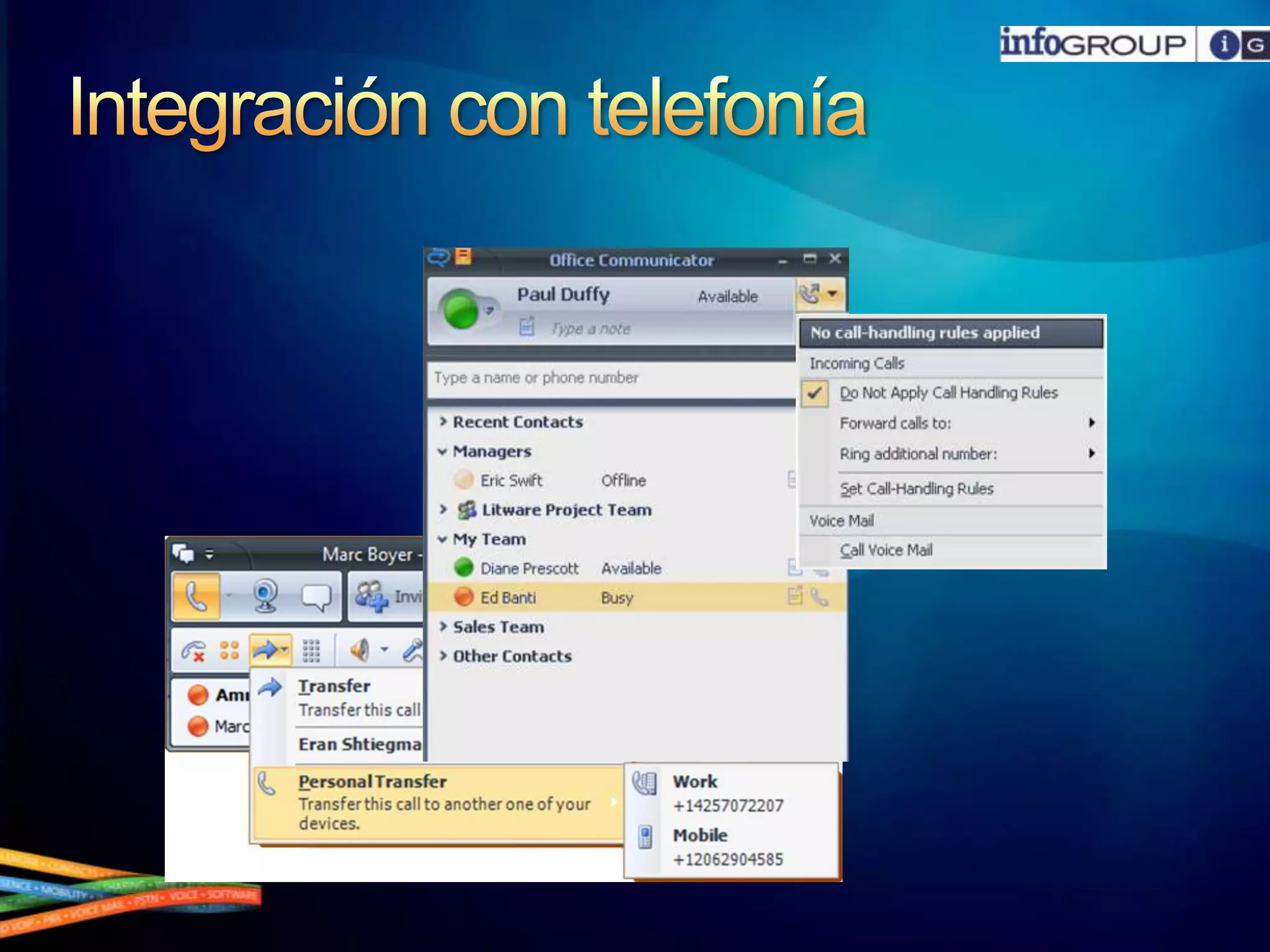 Integración con telefoníaLlamadas:PC a PC (llamadas entre usuarios con Communicator)PC a teléfonoTeléfono a PC (recepción de llamadas en PC)Configuración de buzón de voz y desvíosGestión de las llamadas entrantes (rechazar, reenviar, mandar al buzón)