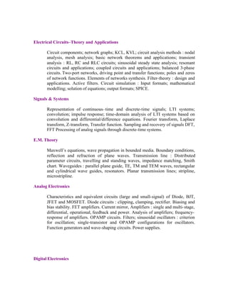 Electrical Circuits–Theory and Applications
Circuit components; network graphs; KCL, KVL; circuit analysis methods : nodal
analysis, mesh analysis; basic network theorems and applications; transient
analysis : RL, RC and RLC circuits; sinusoidal steady state analysis; resonant
circuits and applications; coupled circuits and applications; balanced 3-phase
circuits. Two-port networks, driving point and transfer functions; poles and zeros
of network functions. Elements of networks synthesis. Filter-theory : design and
applications. Active filters. Circuit simulation : Input formats; mathematical
modelling; solution of equations; output formats; SPICE.
Signals & Systems
Representation of continuous–time and discrete-time signals; LTI systems;
convolution; impulse response; time-domain analysis of LTI systems based on
convolution and differential/difference equations. Fourier transform, Laplace
transform, Z-transform, Transfer function. Sampling and recovery of signals DFT,
FFT Processing of analog signals through discrete-time systems.
E.M. Theory
Maxwell’s equations, wave propagation in bounded media. Boundary conditions,
reflection and refraction of plane waves. Transmission line : Distributed
parameter circuits, travelling and standing waves, impedance matching, Smith
chart. Waveguides : parallel plane guide, TE, TM and TEM waves, rectangular
and cylindrical wave guides, resonators. Planar transmission lines; stripline,
microstripline.
Analog Electronics
Characteristics and equivalent circuits (large and small-signal) of Diode, BJT,
JFET and MOSFET. Diode circuits : clipping, clamping, rectifier. Biasing and
bias stability. FET amplifiers. Current mirror, Amplifiers : single and multi- stage,
differential, operational, feedback and power. Analysis of amplifiers; frequencyresponse of amplifiers. OPAMP circuits. Filters; sinusoidal oscillators : criterion
for oscillation; single-transistor and OPAMP configurations for oscillators.
Function generators and wave-shaping circuits. Power supplies.

Digital Electronics

 