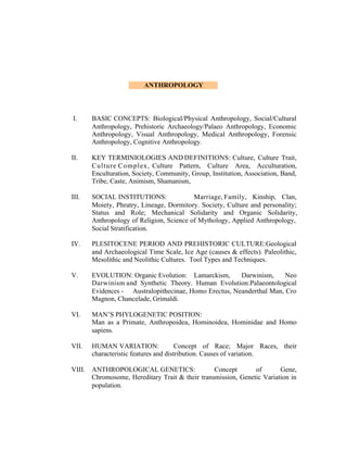 ANTHROPOLOGY

I.

BASIC CONCEPTS: Biological/Physical Anthropology, Social/Cultural
Anthropology, Prehistoric Archaeology/Palaeo Anthropology, Economic
Anthropology, Visual Anthropology, Medical Anthropology, Forensic
Anthropology, Cognitive Anthropology.

II.

KEY TERMINIOLOGIES AND DEFINITIONS: Culture, Culture Trait,
Culture Complex, Culture Pattern, Culture Area, Acculturation,
Enculturation, Society, Community, Group, Institution, Association, Band,
Tribe, Caste, Animism, Shamanism,

III.

SOCIAL INSTITUTIONS:
Marriage, Family, Kinship, Clan,
Moiety, Phratry, Lineage, Dormitory. Society, Culture and personality;
Status and Role; Mechanical Solidarity and Organic Solidarity,
Anthropology of Religion, Science of Mythology, Applied Anthropology,
Social Stratification.

IV.

PLESITOCENE PERIOD AND PREHISTORIC CULTURE:Geological
and Archaeological Time Scale, Ice Age (causes & effects). Paleolithic,
Mesolithic and Neolithic Cultures. Tool Types and Techniques.

V.

EVOLUTION: Organic Evolution: Lamarckism,
Darwinism,
Neo
Darwinism and Synthetic Theory. Human Evolution:Palaeontological
Evidences - Australopithecinae, Homo Erectus, Neanderthal Man, Cro
Magnon, Chancelade, Grimaldi.

VI.

MAN’S PHYLOGENETIC POSITION:
Man as a Primate, Anthropoidea, Hominoidea, Hominidae and Homo
sapiens.

VII.

HUMAN VARIATION:
Concept of Race; Major Races, their
characteristic features and distribution. Causes of variation.

VIII.

ANTHROPOLOGICAL GENETICS:
Concept
of
Gene,
Chromosome, Hereditary Trait & their transmission, Genetic Variation in
population.

 