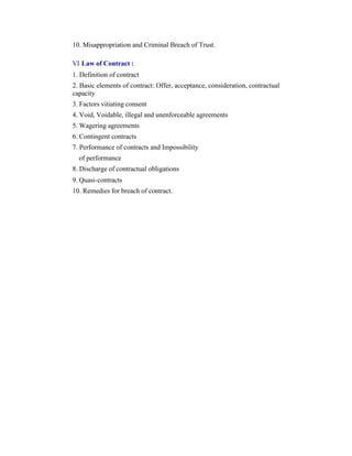 10. Misappropriation and Criminal Breach of Trust.
VI Law of Contract :
1. Definition of contract
2. Basic elements of contract: Offer, acceptance, consideration, contractual
capacity
3. Factors vitiating consent
4. Void, Voidable, illegal and unenforceable agreements
5. Wagering agreements
6. Contingent contracts
7. Performance of contracts and Impossibility
of performance
8. Discharge of contractual obligations
9. Quasi-contracts
10. Remedies for breach of contract.

 