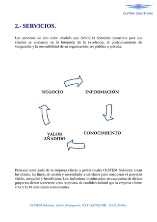 2.- SERVICIOS.
Los servicios de alto valor añadido que OcSTEM Solutions desarrolla para sus
clientes se enmarcan en la búsqueda de la excelencia, el posicionamiento de
vanguardia y la sostenibilidad de su organización, sea pública o privada.
Personal autorizado de la empresa cliente y profesionales OcSTEM Solutions crean
los planes, las líneas de acción y necesidades a satisfacer para considerar el proyecto
viable, asequible y beneficioso. Los individuos involucrados en cualquiera de dichos
proyectos deben someterse a los requisitos de confidencialidad que la empresa cliente
y OcSTEM consideren convenientes.
OcSTEM Solutions. Jacint Berengueras. N.I.F: 45720210M. 25530, Vielha.
 