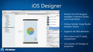 iOS Designer
• World’s first iOS Designer
available in Xamarin Studio
and Visual Studio
• Follows familiar Visual Studio
designer idioms
• Supports all UIKit elements
• Edit custom and 3rd party
components
• Live preview of changes to
properties
OCS Software
 