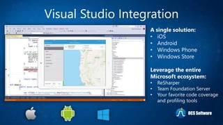 Visual Studio Integration
A single solution:
• iOS
• Android
• Windows Phone
• Windows Store
Leverage the entire
Microsoft ecosystem:
• ReSharper
• Team Foundation Server
• Your favorite code coverage
and profiling tools
OCS Software
 