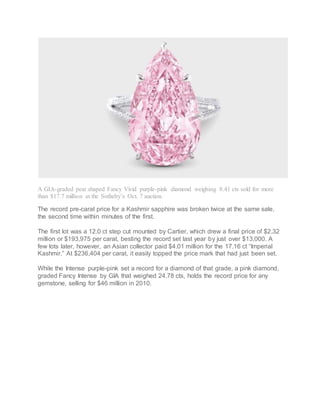 A GIA-graded pear shaped Fancy Vivid purple-pink diamond weighing 8.41 cts sold for more
than $17.7 million at the Sotheby’s Oct. 7 auction.
The record pre-carat price for a Kashmir sapphire was broken twice at the same sale,
the second time within minutes of the first.
The first lot was a 12.0 ct step cut mounted by Cartier, which drew a final price of $2.32
million or $193,975 per carat, besting the record set last year by just over $13,000. A
few lots later, however, an Asian collector paid $4.01 million for the 17.16 ct “Imperial
Kashmir.” At $236,404 per carat, it easily topped the price mark that had just been set.
While the Intense purple-pink set a record for a diamond of that grade, a pink diamond,
graded Fancy Intense by GIA that weighed 24.78 cts, holds the record price for any
gemstone, selling for $46 million in 2010.
 