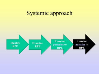 Systemic approach
Identify
RPE
Examine
anterior to
RPE
Examine
RPE
Examine
posterior to
RPE
 