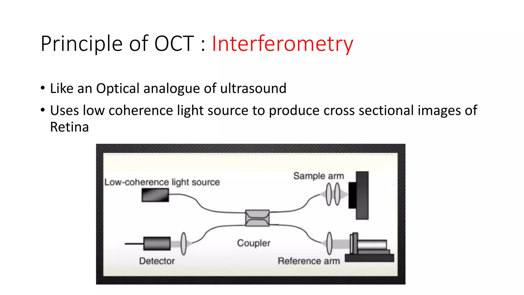 Principle of OCT : Interferometry
• Like an Optical analogue of ultrasound
• Uses low coherence light source to produce cross sectional images of
Retina
 