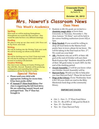 Crossroads Charter
                                                                                       Academy
                                                                                     Big Rapids, MI

                                                                                October 26, 2012


           Mrs. Nawrot’s Classroom News
                                                                            Class News
           This Week’s Academics
                                                               Students in 4th-10th grade are invited to a
Spelling                                                        chemistry magic show at Ferris State
Next week we will be studying Homophones.                       University on Thursday, November 1. The
Homophones are words like deer and dear – they                  show features “Dr Slime” and will be held in
sound the same but have very different meanings.
                                                                the science building auditorium (room 102) at
Reading                                                         7pm.
We plan to wrap up our class novel, Little House and
                                                               Help Needed- If you would be willing to
the Big Woods, next week.
                                                                drop off food items to the Manna Food
Writing                                                         pantry here in town, please let me know. We
We will be looking into the Writing Traits next week.
We will be focusing our efforts on the IDEAS
                                                                will be taking in the final load on Nov. 2nd.
                                                                We could use your help!
Math
We will be checking over our Unit 3 Tests next week.
                                                               AR – Students who are at 85% of their AR
We will also be starting our Unit 4 which will be               goal at the end of October will earn their
focused on working with decimals.                               Book-It pizza slip! Students should be at 85%
Creative Writing                                                of their AR goals today to reach 100% for the
Our class is now working on Creative Writing each               end of the marking period.
day with Mrs. Atwood. Students will be producing
                                                               Award Assembly – I will let you know when
writing pieces and expanding their writing
experiences with her for the next 3 weeks.                      our October Award Assembly will be.
             Special Notes                                     Harvest Party- Would you like to help plan
                                                                our class Harvest Party? Please let me know!
•   Please send your child with
    appropriate clothing for recess time.                      Dogs at the Library- Every Wednesday from
    It has been pretty chilly!                                  6:30-7:30 your child can read to the Riley
•   4th Annual 3rd Floor Food Drive- Our                        Mackenzie fund dogs at the community
    class is organizing the fall food drive.                    library.
    We are collecting canned, boxed, and
    packaged food. The 3rd floor has                                      IMPORTANT DATES
    brought in


                                                            •    Oct. 1 – Nov. 2 – 3rd Floor Food Drive
                                                            •    Oct. 31 – Be at 85% of AR goal for Book It
                                                            •    Nov. 15 – No School
                                                            •    Nov. 16 - Class Harvest Party
 