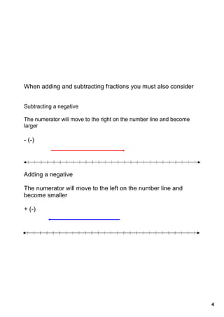 When adding and subtracting fractions you must also consider


Subtracting a negative

The numerator will move to the right on the number line and become 
larger

­ (­)




Adding a negative

The numerator will move to the left on the number line and 
become smaller

+ (­)




                                                                      4
 