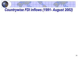 Countrywise FDI inflows (1991- August 2002)




                                              30
 