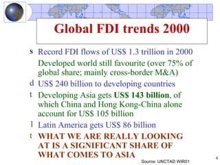 Global FDI trends 2000
s Record FDI flows of US$ 1.3 trillion in 2000
  Developed world still favourite (over 75% of
  glo...