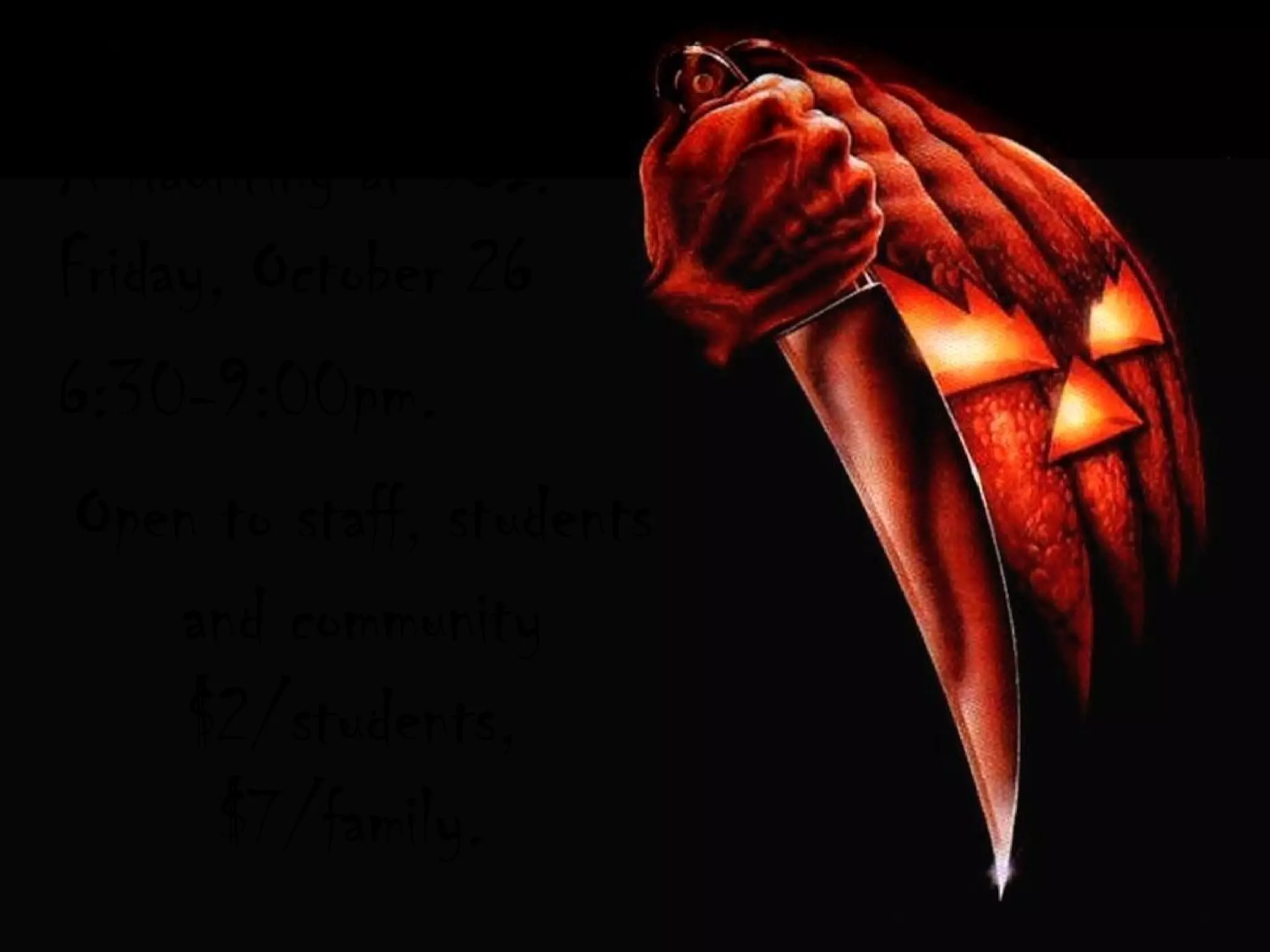 A Haunting at SCI.
Friday, October 26
6:30-9:00pm.
 Open to staff, students
     and community
     $2/students,
       $7/family.
 