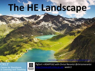 The HE Landscape
PgCert > #DAPP162 with Chrissi Nerantzi @chrissinerantzi
http://www.celt.mmu.ac.uk/ week 2
https://static.pexels.com/photos/1562/italian-landscape-mountains-nature.jpg
 