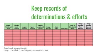 Keep records of
determinations & efforts
Download spreadsheet:
http://ucblib.link/digprojectpermissions
 