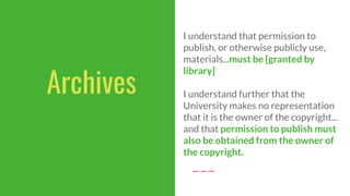Archives
I understand that permission to
publish, or otherwise publicly use,
materials...must be [granted by
library]
I un...