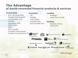 The Advantage   of world-renowned financial products & services Investments Over 140 mutual funds Managed Asset programs Tax advantage funds Portfolios  Segregated Funds RRSPs, RRIFs RESPs GICs, annuities Charitable Giving program Investors Group Securities Inc. Insurance Life Disability Critical Illness Long-term Care Personal Health Care Lending Mortgages Loans, Lines of Credit Banking Chequing, Savings Credit Cards As at September 2008 