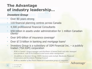 The Advantage  of industry leadership… Investors Group Over 80 years strong 110 financial planning centres across Canada 4,500 professional financial Consultants $58-billion in assets under administration for 1 million Canadian clients 1 Over $45-billion of insurance coverage 2 Over $7.5-billion in banking and mortgage loans 2 Investors Group is a subsidiary of IGM Financial Inc. – a publicly traded (TSX:IGM) corporation IGM is Canada’s largest manager and distributor of mutual funds and other managed asset products, with $116.8 billion in total assets under management 1 In addition to Investors Group, IGM’s business units include Mackenzie Financial Corporation and Investment Planning Counsel IGM is a member of the Power Financial Corporation group of companies. 1.  As of August 2008 2.  As of June 2008 