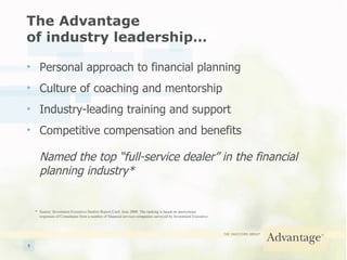The Advantage  of industry leadership… Personal approach to financial planning Culture of coaching and mentorship Industry-leading training and support Competitive compensation and benefits Named the top “full-service dealer” in the financial planning industry* * Source: Investment Executive Dealers Report Card, June 2008. The ranking is based on anonymous responses of Consultants from a number of financial services companies surveyed by Investment Executive. 