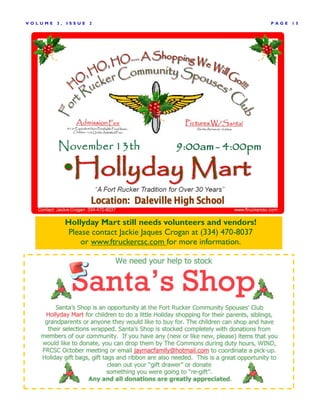 V OLUME   3,   ISSUE   2                                                P AGE   15




               Hollyday Mart still needs volunteers and vendors!
                Please contact Jackie Jaques Crogan at (334) 470-8037
                   or www.ftruckercsc.com for more information.
 