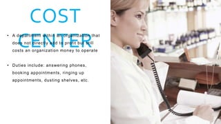 COST
CENTER
• A department within an organization that
does not directly add to profit but still
costs an organization money to operate
• Duties include: answering phones,
booking appointments, ringing up
appointments, dusting shelves, etc.
 