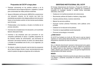 1716
IDENTIDAD INSTITUCIONAL DEL CICYP
El Consejo Interamericano de Comercio y Producción (CICYP), es
una organización de carácter privado, integrada por ciudadanos
ocupados en investigar, estudiar y analizar temas nacionales
relevantes, entre otros:
•	 Coadyuvar en el perfeccionamiento de la democracia.
•	 Recomendar políticas de Estado a mediano y largo plazo.
•	 Impulsar prácticas éticas y buenas costumbres.
•	 Mejorar los servicios públicos.
•	 Promover buenas prácticas financieras, tanto públicas como
privadas.
•	 Colaborar en la reducción de la pobreza.
•	 Fomentar la responsabilidad social empresarial.
•	 Promover la tecnología e innovación.
¿CÓMO NACE?
El CICYP fue fundado en el año de 1941 para lo cual se crearon
capítulos en varios países latinoamericanos con la participación de
empresarios visionarios de todo el continente.
VISIÓN
Ser un referente (benchmark) nacional e internacional como gestor
de ideas, para presentarlas ante el país en calidad de proyectos
de impacto para la vida nacional e implementar un mecanismo
viable y efectivo para mantener unidos a los gremios legítimamente
representativos del interés nacional.
MISIÓN
Analizar e investigar a fondo los asuntos de gran alcance que afectan
a la Nación y presentar propuestas de solución a las instancias
pertinentes.
Propuestas del CICYP a largo plazo
•	 Participar activamente en los partidos políticos y en la
administración de los Órganos Ejecutivo, Legislativo y Judicial
para contrarrestar las malas prácticas existentes.
•	 Apoyar al Ministerio de Educación (MEDUCA) a proporcionar
una educación inclusiva, de tal manera que tanto los
estudiantes que asisten a los colegios públicos como los que lo
hacen en los privados cuenten con las mismas oportunidades
para formarse.
•	 Profesionalizar a los docentes y vincular a la familia con el
proceso educativo.
•	 Favorecer las competencias en la educación y en la actividad
laboral. (Educación Dual).
•	 Incentivar a las empresas para que promuevan en sus
campañas publicitarias el apoyo a aquellos programas de
los diversos medios de comunicación, que promueven la
educación, las buenas maneras, la cultura, los valores éticos
y morales, la sensibilidad ante el arte y no la vulgaridad y la
chabacanería.
•	 Sin dilación, analizar la situación real de todos los programas
de la Caja de Seguro Social y hacer recomendaciones para
evitar la quiebra de algunos programas de la institución.
 
