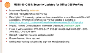 MS18-10-O365: Security Updates for Office 365 ProPlus
 Maximum Severity: Important
 Affected Products: Office 365 ProPlus
 Description: This security update resolves vulnerabilities in most Microsoft Office 365
applications. Information on Office 365 ProPlus updates is available at
https://docs.microsoft.com/en-us/officeupdates/release-notes-office365-proplus
 Impact: Remote Code Execution, Information Disclosure, Defense in Depth
 Fixes 5 Vulnerabilities: CVE-2018-8427, CVE-2018-8432, CVE-2018-8501, CVE-
2018-8502, CVE-2018-8504
 Restart Required: Requires application restart
 Known Issues: None reported
 NOTE: New naming convention to align with Microsoft branding
 