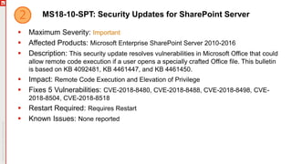 MS18-10-SPT: Security Updates for SharePoint Server
 Maximum Severity: Important
 Affected Products: Microsoft Enterprise SharePoint Server 2010-2016
 Description: This security update resolves vulnerabilities in Microsoft Office that could
allow remote code execution if a user opens a specially crafted Office file. This bulletin
is based on KB 4092481, KB 4461447, and KB 4461450.
 Impact: Remote Code Execution and Elevation of Privilege
 Fixes 5 Vulnerabilities: CVE-2018-8480, CVE-2018-8488, CVE-2018-8498, CVE-
2018-8504, CVE-2018-8518
 Restart Required: Requires Restart
 Known Issues: None reported
 