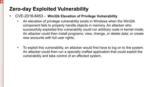 Zero-day Exploited Vulnerability
 CVE-2018-8453 - Win32k Elevation of Privilege Vulnerability
 An elevation of privilege vulnerability exists in Windows when the Win32k
component fails to properly handle objects in memory. An attacker who
successfully exploited this vulnerability could run arbitrary code in kernel mode.
An attacker could then install programs; view, change, or delete data; or create
new accounts with full user rights.
 To exploit this vulnerability, an attacker would first have to log on to the system.
An attacker could then run a specially crafted application that could exploit the
vulnerability and take control of an affected system.
 