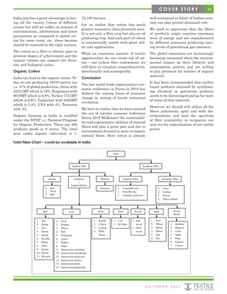 India also has a great advantage in hav-
ing all the variety Cotton of different
counts but still we suffer on account of
contamination, adulteration and lower
parameters as compared to global cot-
ton for same count, etc. these lacunas
should be removed in the right earnest.
The cotton as a fibre is always open to
greatest degree of achievement and the
organic cottons can support bio diver-
sity and biological cycles
Organic Cotton
India can lead in the organic cotton. To-
day we are producing 59470 metric ton
i.e. 51% of global production, china with
22521MT which is 19%, Kirgizstan with
8019MT which is 6.8%, Turkey 7741MT
which is 6.6%, Tajikistan with 6405MT
which is 5.4%, USA with 4%, Tanzania
with 3%.
Organic farming in India is certified
under the NPOP i.e. National Program
for Organic Production. There are 200
producer goods in 8 states. The total
area under organic cultivation is 1,
72,180 hectare.
Let us realise that cotton has much
greater economics than presently seen.
It is not only a fibre crop but also an oil
producing crop. And each part of cotton
is commercially usable with great util-
ity and applications.
What an enormous amount of textile
opportunities we can create out of cot-
ton – our richest fibre endowment, we
still have to visualise comprehensively,
directionally and strategically.
Conclusion
The last world trade organisation’s eco-
nomic conference in Davos in 2018 has
defined the coming times of economic
change as setting of fourth industrial
revolution.
We have to realise that we have entered
the era of circular economy (reference
Davos 2018 McKenzie) the sustainabil-
ity and regenerative abilities of natural
fibres will play a great part and due to
environment demand is more of organic
natural fibres. Here cotton is already
well entranced in fabric of Indian econ-
omy can play pivotal dominant role.
We need to appreciate that the fibres
of synthetic origin requires enormous
level of energy and are manufactured
by different processes producing vary-
ing levels of greenhouse gas omission.
The global consumers are increasingly
becoming concerned about the environ-
mental impact on their lifestyle and
consumption pattern and are willing
to pay premium for textiles of organic
material.
It has been recommended that carbon
based products obtained by synthesis-
ing chemical or petroleum products
needs to be discouraged and go for more
of reuse of that material.
However, we should still utilize all the
fibres judiciously, aptly and with dis-
criminations and lead the spectrum
of fibre availability to invigorate our
new era for radicalization of our textile
power.
Total Fibre Chart – could be available in India
13
C O V E R S T O R Y
O C T O B E R 2 0 2 1
 