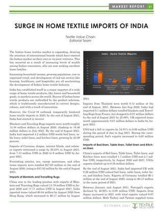 SURGE IN HOME TEXTILE IMPORTS OF INDIA
The Indian home textiles market is expanding, drawing
the attention of international brands which have entered
the Indian market on their own or via joint ventures. This
has occurred as a result of increasing levels of wealth
among Indian consumers, who are now seeking excellent
home textiles.
Increasing household income, growing population, rise in
organised retail, and development of end-use sectors like
housing, healthcare, and hospitality are all accelerating
the development of Indian home textile Industry.
India has established itself as a major importer of a wide
range of home textile products, like linens and household
goods, to markets across the world. Buyers of Indian home
textile products are enthralled by the product selection,
which is traditionally manufactured in current designs,
colours, and with a touch of innovation.
However, the Covid-19 outbreak temporarily hindered
home textile imports in 2020, by the end of August 2021,
India had started to recover.
Blankets and Traveling Rugs imports were worth roughly
14.38 million dollars in August 2020, climbing to 18.46
million dollars in July 2021. By the end of August 2021,
India had imported 4.2 million USD worth bed linen, ta-
ble linen, toilet linen, and kitchen linen, growing by 22.09
percent.
Imports of Curtains, drapes, interior blinds, and valanc-
es exports witnessed a surge by 26.23% in August 2021,
from 7.13 million USD in 2020 to 9 million USD by Au-
gust 2021.
Furnishing articles, nes, except mattresses, and other
items imports were totalled $27.65 million at the end of
August 2020, rising to $41.02 million by the end of August
2021.
Imports of Blankets and Travelling Rugs
China was in the leading position with exports of Blan-
kets and Traveling Rugs valued 13.79 million USD in Au-
gust 2020 and 17.71 million USD in August 2021. India
inported items valued $0.04 million by August 2020 from
Hong Kong, which increased to $0.17 million by August
2021.
Imports from Thailand were worth 0.14 million at the
end of August, 2021. Between Jan-Aug 2020, India had
imported 0.1 million dollars totalled blankets and Travel-
ling Rugs from France, but dropped to 0.07 million dollars
by the end of August 2021 by 25.88%. UK exported items
worth approximately 0.07 million dollars to India by Au-
gust 2021.
USA had a fall in exports by 54.91% to 0.06 million USD
during the period of Jan to Aug 2021. During the corre-
sponding period, Ital’s exports increased to 0.05 million
USD.
Imports of Bed linen, Table linen, Toilet linen and Kitch-
en linen
China’s exports of Bed linen, Table linen, Toilet linen, and
Kitchen linen were totalled 1.7 million USD and 2.7 mil-
lion USD, respectively, by August 2020 and 2021. USA’s
exports climbed up to 0.58 million dollars.
By the end of August 2021, India had imported UK with
0.26 million USD valued bed linen, table linen, toilet lin-
en, and kitchen linen. Exports of Germany totalled $0.1
million at the end of August 2020, rising to $0.13 million
in the same period of 2021.
Between January and August 2021, Portugal’s exports
declined by 46.92% to 0.09 million USD. Imports from
Japan increased in 2021 with total exports valued 0.07
million dollars. Both Turkey and Taiwan supplied items
Textile Value Chain
Editorial Team
0
5
10
15
20
25
30
35
40
45
Blankets and
Travelling Rugs
Bed linen, Table linen,
Toilet linen and
Kitchen linen
Curtains, Drapes,
Interior blinds,
Valances
Furnishing articles
nes, Except
mattresses, etc
14.38
3.44
7.13
27.65
18.46
4.2
9
41.02
India - Home Textile IMports
Jan-Aug 2020 Jan - Aug 2021
61
M A R K E T R E P O R T
O C T O B E R 2 0 2 1
 