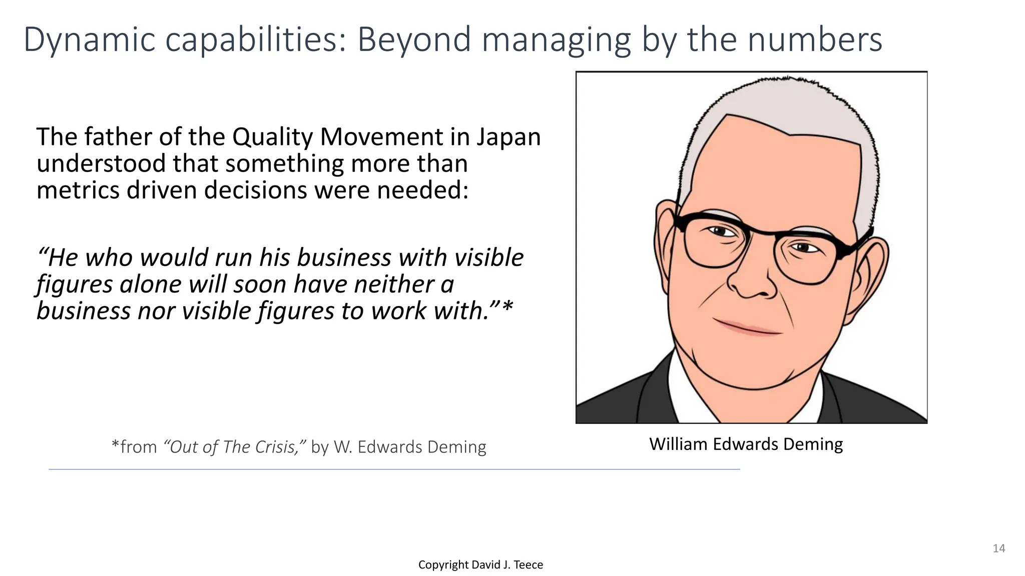 Copyright David J. Teece
The father of the Quality Movement in Japan
understood that something more than
metrics driven decisions were needed:
“He who would run his business with visible
figures alone will soon have neither a
business nor visible figures to work with.”*
William Edwards Deming
*from “Out of The Crisis,” by W. Edwards Deming
Dynamic capabilities: Beyond managing by the numbers
14
 