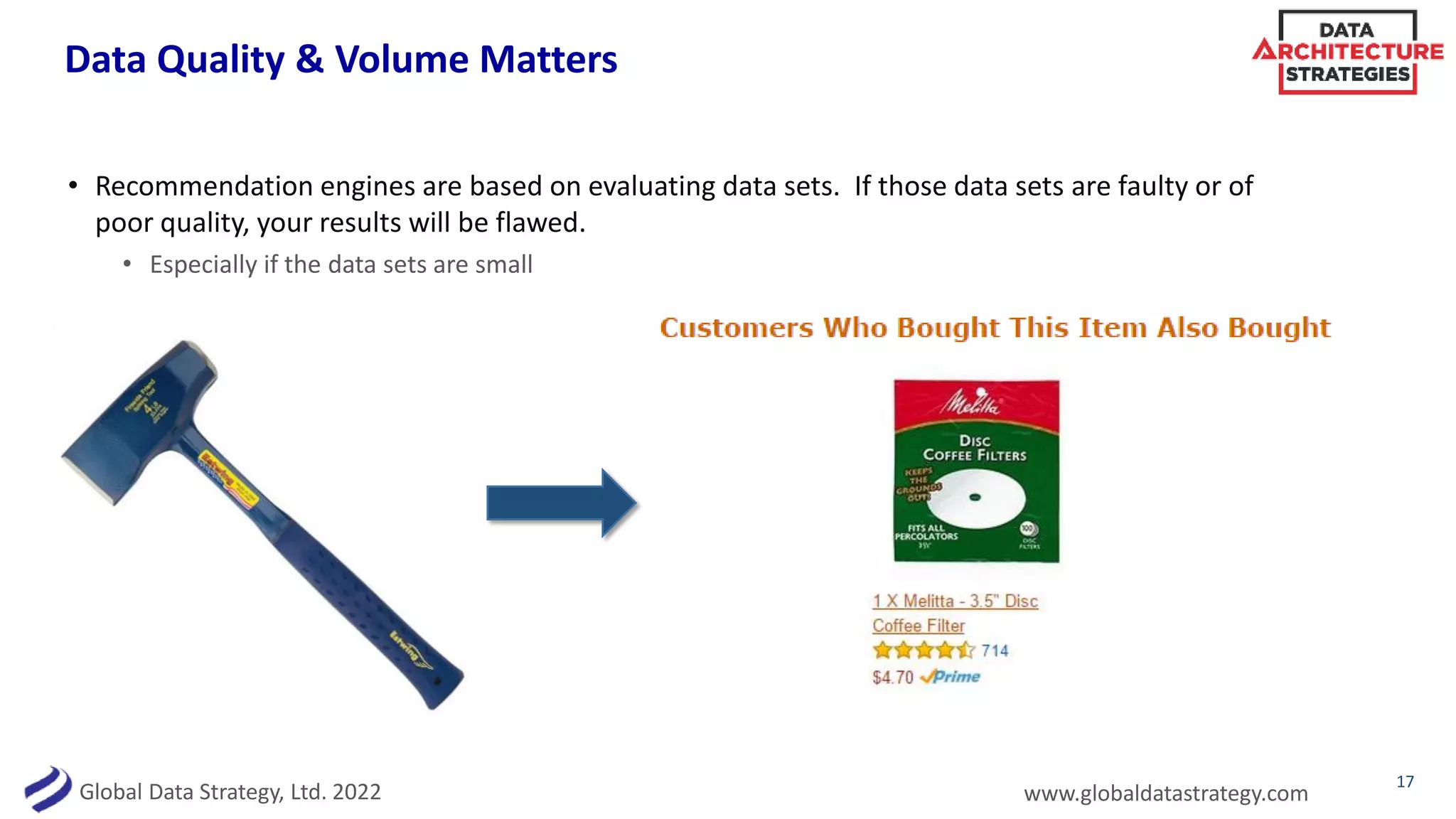Global Data Strategy, Ltd. 2022 www.globaldatastrategy.com
Data Quality & Volume Matters
• Recommendation engines are based on evaluating data sets. If those data sets are faulty or of
poor quality, your results will be flawed.
• Especially if the data sets are small
17
 