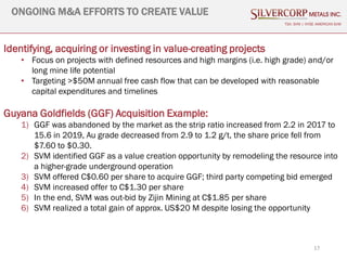 17
ONGOING M&A EFFORTS TO CREATE VALUE
TSX: SVM | NYSE AMERICAN SVM
Identifying, acquiring or investing in value-creating projects
• Focus on projects with defined resources and high margins (i.e. high grade) and/or
long mine life potential
• Targeting >$50M annual free cash flow that can be developed with reasonable
capital expenditures and timelines
Guyana Goldfields (GGF) Acquisition Example:
1) GGF was abandoned by the market as the strip ratio increased from 2.2 in 2017 to
15.6 in 2019, Au grade decreased from 2.9 to 1.2 g/t, the share price fell from
$7.60 to $0.30.
2) SVM identified GGF as a value creation opportunity by remodeling the resource into
a higher-grade underground operation
3) SVM offered C$0.60 per share to acquire GGF; third party competing bid emerged
4) SVM increased offer to C$1.30 per share
5) In the end, SVM was out-bid by Zijin Mining at C$1.85 per share
6) SVM realized a total gain of approx. US$20 M despite losing the opportunity
 