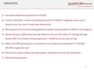 18
CATALYSTS
TSX: SVM | NYSE AMERICAN SVM
1) Increased production guidance for F2023
2) Further 300,000+ metres of drilling planned for FY2023 to upgrade resources to
extend mine life, and to make new discoveries
3) Mining permit for the Kuanping gold-silver project and complete 12,000 m drill program
4) Constructing a 3,000 tonne per day flotation mill and 20 million m3 tailings storage
facility (TSF) to increase milling capacity to ~5,000 tonne per day at Ying
5) Obtain the BYP gold project mining permit and bring it into production at 30,000-
40,000 oz gold per year
6) New Pacific value creation through project advancement and key milestones
7) Potential acquisitions
 