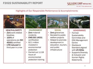 F2022 SUSTAINABILITY REPORT
TSX: SVM | NYSE AMERICAN SVM
22
Highlights of Our Responsible Performance & Accomplishments
ENVIRONMENT
• Zero material
incidents
• EMS ISO 14001
certification
• $2.1 million
invested in
environmental
protection
• Carried out 1,118
hours of
environmental
protection training
SOCIAL
• Zero grievances
• Donated to public
welfare projects
• Helped to promote
development in
education, tourism,
and public
infrastructure
HEALTH & SAFETY
• Zero work-related
fatalities
• 100% of
operations are ISO
45001 certified
• LTIR reduced for
third year in a row
GOVERNANCE
• Formed
Sustainability
Committee and
ESG Management
Centre
• Disclosure
Standard aligned
with UN SDGs
• Supports Diversity
& Inclusion and
Human Rights
Statements
 