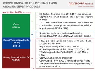 COMPELLING VALUE FOR PROFITABLE AND
GROWING SILVER PRODUCER TSX: SVM | NYSE AMERICAN SVM
• $0 debt, no financing since 2010, CF from operations
• US$0.025/sh annual dividend + share buyback program
in place
• ~$175 M returned to shareholders since inception
• Positioned to pursue growth opportunities worldwide
(e.g. Guyana Goldfields 2020)
• 3 potential world class projects with catalysts
• Invested US$39 M since 2017; 2.2X increase + upside
• F2023 production guidance increases: Ag 17%, Pb 9%,
Zn 24%, and Au 109%
• Avg. Analyst Mining Asset NAV = $592 M
• 4Q Trailing cash flow of $111 M and FCF of $42.1 M
• ~8 Moz Ag production/yr by F2026 – vs. 6.1 Moz in
F2022
• US$9.25 AISC/oz of Ag production
• Constructing a new 3,000 t/d mill and tailings facility
• 17+ year commitment to ESG and strong community &
government relations
Market Cap $489M (10/6/2022)
 