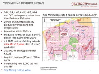 32
YING MINING DISTRICT, HENAN
TSX: SVM | NYSE AMERICAN SVM
• SGX, TLP, LME, LMW, HPG, HZG
and DCG underground mines have
identified over 300 veins
• 2 mills of 3,200 tpd capacity
produce silver-lead and zinc
concentrates
• 6 smelters within 200 km
• Produced 79 Moz of silver & over 1
Blbs of lead & zinc since 2006
• >1.96 M metres of drilling extends
mine life >15 years after 17 years’
production
• 300,000 m drilling planned for
F2023
• Acquired Kuanping Project, 33 km
north
• Constructing new 3,000 tpd mill
and TSF
• Ying Mining District Video
¹
¹
¹
² ²
²
¹ 77.5% owned by Silvercorp
² 80% owned by Silvercorp
Ying Mining District: 4 mining permits 68.59km²
 