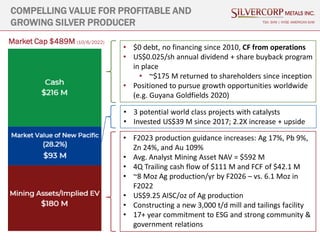 COMPELLING VALUE FOR PROFITABLE AND
GROWING SILVER PRODUCER TSX: SVM | NYSE AMERICAN SVM
• $0 debt, no financing since 201...