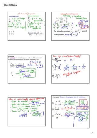 Oct. 21 Notes



                       Rational Expressions                                            Reducing Rational Expressions
      Rational Number                     Rational Expression




    Definition
    The domain of a rational expression is the set of all real numbers 
    for which the denominator of the rational expression is not 0.
     eg.




                                                                          Examples:  Reduce or Simplify and state the restrictions:




                                                                                                                                      1
 