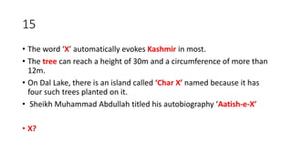 15
• The word ‘X’ automatically evokes Kashmir in most.
• The tree can reach a height of 30m and a circumference of more than
12m.
• On Dal Lake, there is an island called ‘Char X’ named because it has
four such trees planted on it.
• Sheikh Muhammad Abdullah titled his autobiography ‘Aatish-e-X’
• X?
 