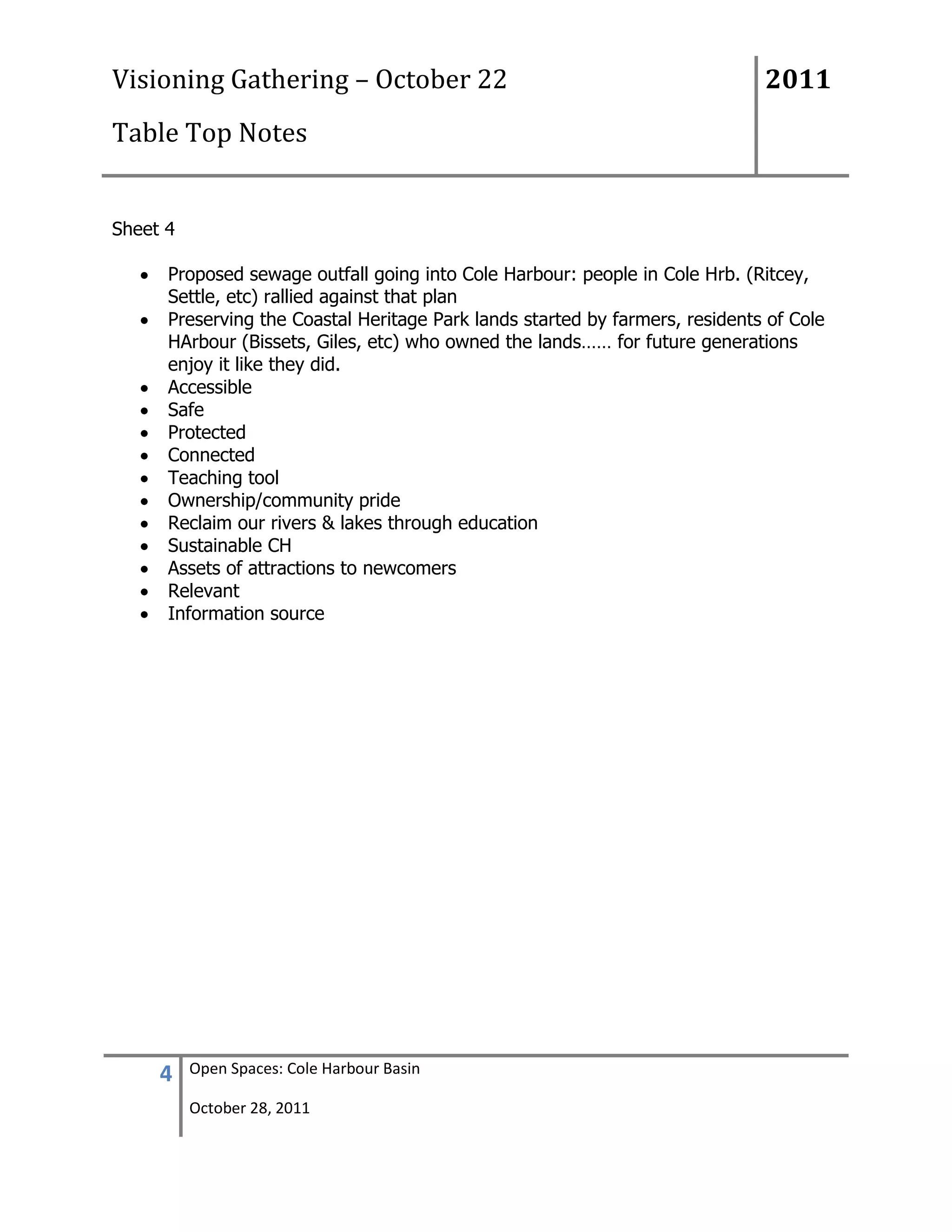 Visioning Gathering – October 22                                              2011
Table Top Notes


Sheet 4

      Proposed sewage outfall going into Cole Harbour: people in Cole Hrb. (Ritcey,
      Settle, etc) rallied against that plan
      Preserving the Coastal Heritage Park lands started by farmers, residents of Cole
      HArbour (Bissets, Giles, etc) who owned the lands…… for future generations
      enjoy it like they did.
      Accessible
      Safe
      Protected
      Connected
      Teaching tool
      Ownership/community pride
      Reclaim our rivers & lakes through education
      Sustainable CH
      Assets of attractions to newcomers
      Relevant
      Information source




     4    Open Spaces: Cole Harbour Basin

          October 28, 2011
 