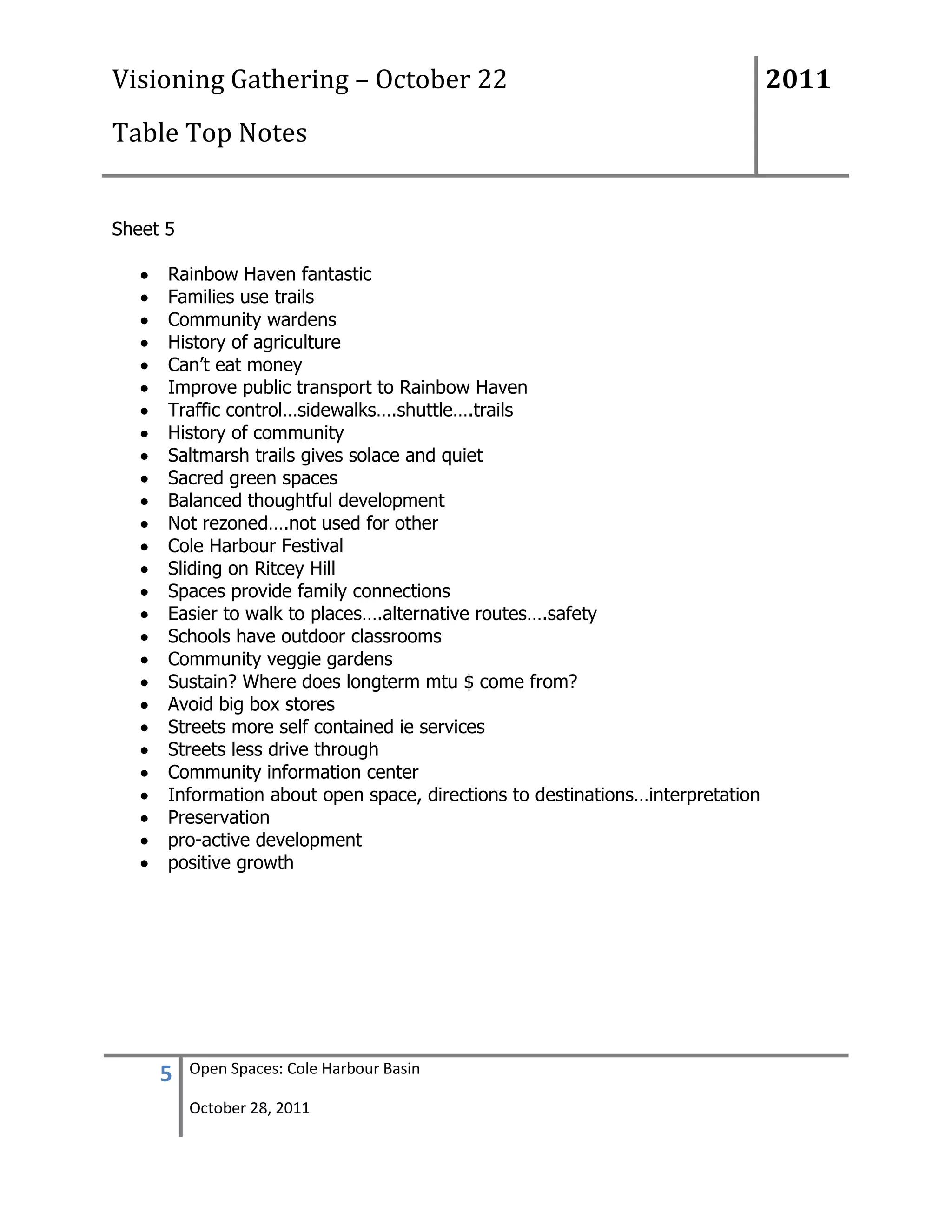 Visioning Gathering – October 22                                                2011
Table Top Notes


Sheet 5

      Rainbow Haven fantastic
      Families use trails
      Community wardens
      History of agriculture
      Can‟t eat money
      Improve public transport to Rainbow Haven
      Traffic control…sidewalks….shuttle….trails
      History of community
      Saltmarsh trails gives solace and quiet
      Sacred green spaces
      Balanced thoughtful development
      Not rezoned….not used for other
      Cole Harbour Festival
      Sliding on Ritcey Hill
      Spaces provide family connections
      Easier to walk to places….alternative routes….safety
      Schools have outdoor classrooms
      Community veggie gardens
      Sustain? Where does longterm mtu $ come from?
      Avoid big box stores
      Streets more self contained ie services
      Streets less drive through
      Community information center
      Information about open space, directions to destinations…interpretation
      Preservation
      pro-active development
      positive growth




     5    Open Spaces: Cole Harbour Basin

          October 28, 2011
 