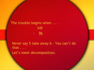 The trouble begins when . . . 345   -  96 Never say 5 take away 6 - You can’t do that . . . Let’s meet decomposition. 