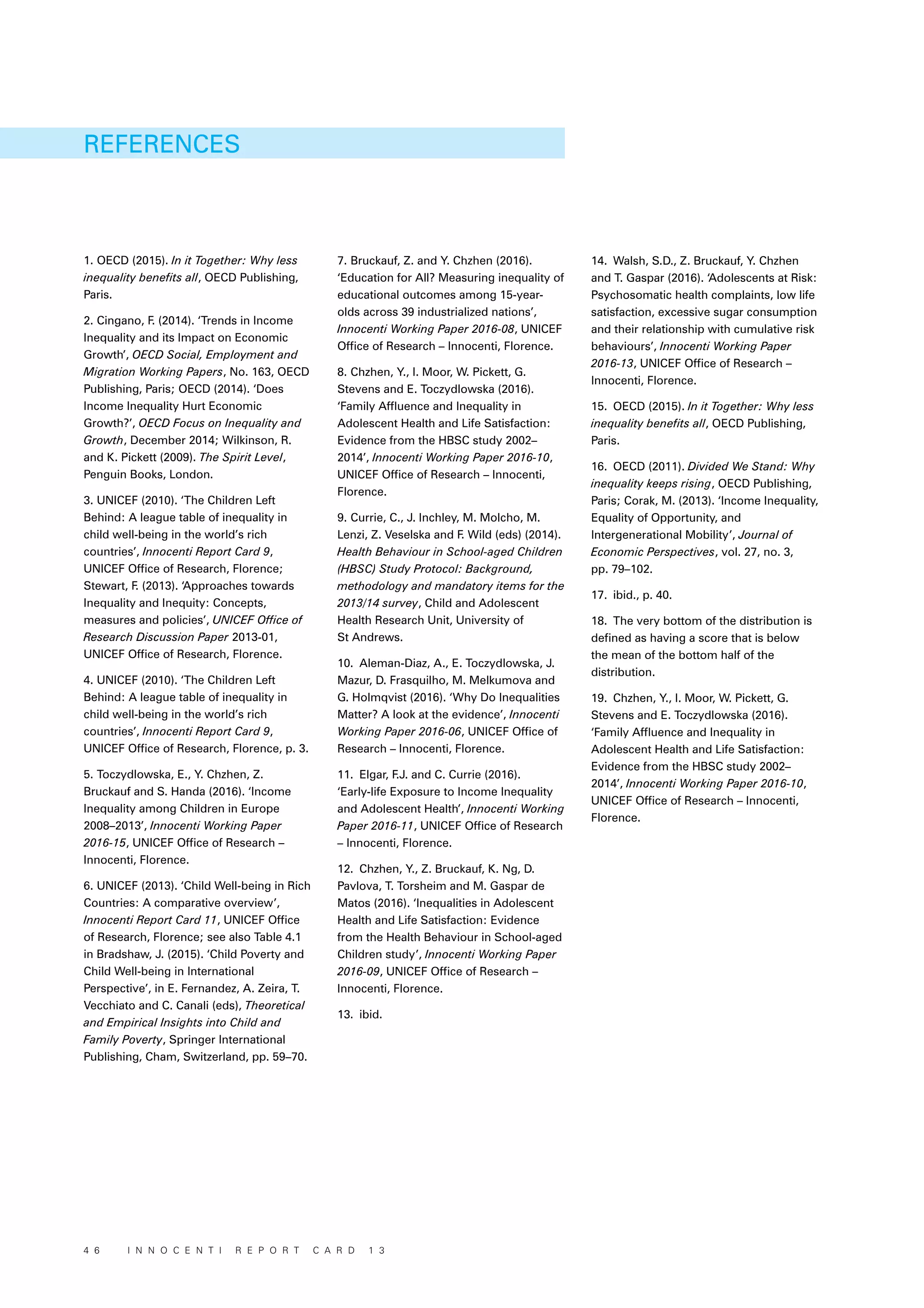 1.	OECD (2015). In it Together: Why less
inequality benefits all, OECD Publishing,
Paris.
2.	Cingano, F. (2014). ‘Trends in Income
Inequality and its Impact on Economic
Growth’, OECD Social, Employment and
Migration Working Papers, No. 163, OECD
Publishing, Paris; OECD (2014). ‘Does
Income Inequality Hurt Economic
Growth?’, OECD Focus on Inequality and
Growth, December 2014; Wilkinson, R.
and K. Pickett (2009). The Spirit Level,
Penguin Books, London.
3.	UNICEF (2010). ‘The Children Left
Behind: A league table of inequality in
child well-being in the world’s rich
countries’, Innocenti Report Card 9,
UNICEF Office of Research, Florence;
Stewart, F. (2013). ‘Approaches towards
Inequality and Inequity: Concepts,
measures and policies’, UNICEF Office of
Research Discussion Paper 2013-01,
UNICEF Office of Research, Florence.
4.	UNICEF (2010). ‘The Children Left
Behind: A league table of inequality in
child well-being in the world’s rich
countries’, Innocenti Report Card 9,
UNICEF Office of Research, Florence, p. 3.
5.	Toczydlowska, E., Y. Chzhen, Z.
Bruckauf and S. Handa (2016). ‘Income
Inequality among Children in Europe
2008–2013’, Innocenti Working Paper
2016-15, UNICEF Office of Research –
Innocenti, Florence.
6.	UNICEF (2013). ‘Child Well-being in Rich
Countries: A comparative overview’,
Innocenti Report Card 11, UNICEF Office
of Research, Florence; see also Table 4.1
in Bradshaw, J. (2015). ‘Child Poverty and
Child Well-being in International
Perspective’, in E. Fernandez, A. Zeira, T.
Vecchiato and C. Canali (eds), Theoretical
and Empirical Insights into Child and
Family Poverty, Springer International
Publishing, Cham, Switzerland, pp. 59–70.
7.	Bruckauf, Z. and Y. Chzhen (2016).
‘Education for All? Measuring inequality of
educational outcomes among 15-year-
olds across 39 industrialized nations’,
Innocenti Working Paper 2016-08, UNICEF
Office of Research – Innocenti, Florence.
8.	Chzhen, Y., I. Moor, W. Pickett, G.
Stevens and E. Toczydlowska (2016).
‘Family Affluence and Inequality in
Adolescent Health and Life Satisfaction:
Evidence from the HBSC study 2002–
2014’, Innocenti Working Paper 2016-10,
UNICEF Office of Research – Innocenti,
Florence.
9.	Currie, C., J. Inchley, M. Molcho, M.
Lenzi, Z. Veselska and F. Wild (eds) (2014).
Health Behaviour in School-aged Children
(HBSC) Study Protocol: Background,
methodology and mandatory items for the
2013/14 survey, Child and Adolescent
Health Research Unit, University of
St Andrews.
10.	 Aleman-Diaz, A., E. Toczydlowska, J.
Mazur, D. Frasquilho, M. Melkumova and
G. Holmqvist (2016). ‘Why Do Inequalities
Matter? A look at the evidence’, Innocenti
Working Paper 2016-06, UNICEF Office of
Research – Innocenti, Florence.
11.	 Elgar, F.J. and C. Currie (2016).
‘Early-life Exposure to Income Inequality
and Adolescent Health’, Innocenti Working
Paper 2016-11, UNICEF Office of Research
– Innocenti, Florence.
12.	 Chzhen, Y., Z. Bruckauf, K. Ng, D.
Pavlova, T. Torsheim and M. Gaspar de
Matos (2016). ‘Inequalities in Adolescent
Health and Life Satisfaction: Evidence
from the Health Behaviour in School-aged
Children study’, Innocenti Working Paper
2016-09, UNICEF Office of Research –
Innocenti, Florence.
13.	 ibid.
14.	 Walsh, S.D., Z. Bruckauf, Y. Chzhen
and T. Gaspar (2016). ‘Adolescents at Risk:
Psychosomatic health complaints, low life
satisfaction, excessive sugar consumption
and their relationship with cumulative risk
behaviours’, Innocenti Working Paper
2016-13, UNICEF Office of Research –
Innocenti, Florence.
15.	 OECD (2015). In it Together: Why less
inequality benefits all, OECD Publishing,
Paris.
16.	 OECD (2011). Divided We Stand: Why
inequality keeps rising, OECD Publishing,
Paris; Corak, M. (2013). ‘Income Inequality,
Equality of Opportunity, and
Intergenerational Mobility’, Journal of
Economic Perspectives, vol. 27, no. 3,
pp. 79–102.
17.	 ibid., p. 40.
18.	 The very bottom of the distribution is
defined as having a score that is below
the mean of the bottom half of the
distribution.
19.	 Chzhen, Y., I. Moor, W. Pickett, G.
Stevens and E. Toczydlowska (2016).
‘Family Affluence and Inequality in
Adolescent Health and Life Satisfaction:
Evidence from the HBSC study 2002–
2014’, Innocenti Working Paper 2016-10,
UNICEF Office of Research – Innocenti,
Florence.
REFERENCES
4 6 I N N O C E N T I R E P O R T C A R D 1 3
 