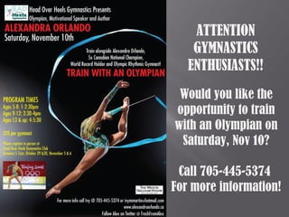 ATTENTION
    GYMNASTICS
   ENTHUSIASTS!!
 Would you like the
opportunity to train
with an Olympian on
 Saturday, Nov 10?

 Call 705-445-5374
For more information!
 