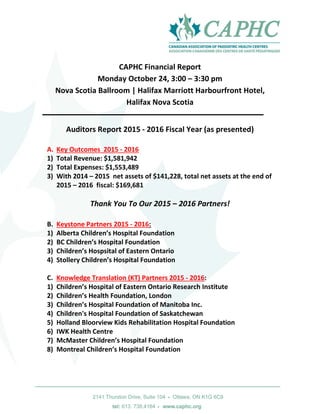 Page | 1
CAPHC Financial Report
Monday October 24, 3:00 – 3:30 pm
Nova Scotia Ballroom | Halifax Marriott Harbourfront Hotel,
Halifax Nova Scotia
Auditors Report 2015 - 2016 Fiscal Year (as presented)
A. Key Outcomes 2015 - 2016
1) Total Revenue: $1,581,942
2) Total Expenses: $1,553,489
3) With 2014 – 2015 net assets of $141,228, total net assets at the end of
2015 – 2016 fiscal: $169,681
Thank You To Our 2015 – 2016 Partners!
B. Keystone Partners 2015 - 2016:
1) Alberta Children’s Hospital Foundation
2) BC Children’s Hospital Foundation
3) Children’s Hospsital of Eastern Ontario
4) Stollery Children’s Hospital Foundation
C. Knowledge Translation (KT) Partners 2015 - 2016:
1) Children’s Hospital of Eastern Ontario Research Institute
2) Children’s Health Foundation, London
3) Children’s Hospital Foundation of Manitoba Inc.
4) Children's Hospital Foundation of Saskatchewan
5) Holland Bloorview Kids Rehabilitation Hospital Foundation
6) IWK Health Centre
7) McMaster Children’s Hospital Foundation
8) Montreal Children’s Hospital Foundation
 