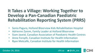 Canadian Institute for Health Information
cihi.ca @cihi_icis
It Takes a Village: Working Together to
Develop a Pan-Canadian Paediatric
Rehabilitation Reporting System (PRRS)
October 24, 2016
• Sonia Pagura, Holland Bloorview Kids Rehabilitation Hospital
• Adrienne Zarem, Family Leader at Holland Bloorview
• Siam Javeid, Canadian Association of Paediatric Health Centres
• Anne Forsyth, Canadian Institute for Health Information
• Ryan Metcalfe, Canadian Institute for Health Information
 