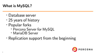 • Database server
• 25 years of history
• Popular forks
•
Percona Server for MySQL
•
MariaDB Server
• Replication support ...