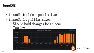 •
innodb buffer pool size
• innodb log file size
• Should hold changes for an hour
• Too low
InnoDB
34
 
