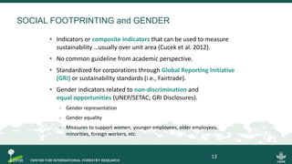 SOCIAL FOOTPRINTING and GENDER
• Indicators or composite indicators that can be used to measure
sustainability …usually over unit area (Cucek et al. 2012).
• No common guideline from academic perspective.
• Standardized for corporations through Global Reporting Initiative
(GRI) or sustainability standards (i.e., Fairtrade).
• Gender indicators related to non-discrimination and
equal opportunities (UNEP/SETAC; GRI Disclosures).
• Gender representation
• Gender equality
• Measures to support women, younger employees, older employees,
minorities, foreign workers, etc.
13
 