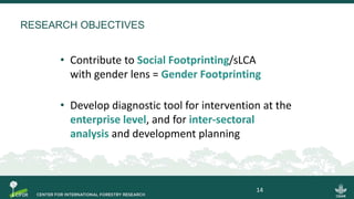 RESEARCH OBJECTIVES
• Contribute to Social Footprinting/sLCA
with gender lens = Gender Footprinting
• Develop diagnostic tool for intervention at the
enterprise level, and for inter-sectoral
analysis and development planning
14
 